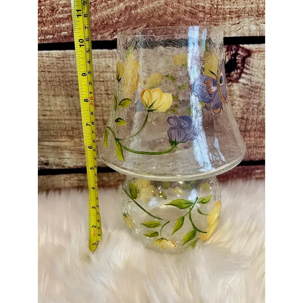 Vintage Anthropologie Floral Butterfly Hand Painted Painted Glass Lamp Vase EUC